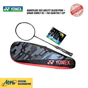 RAKET BADMINTON YONEX NANOFLARE 002 ABILITY BLACK/PINK+SENAR EXBOLT 65+TAS KAIN/TAS 1 ZIP