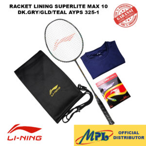 RAKET BADMINTON LI-NING SUPERLITE MAX 10 DK.GRY/GLD/TEAL AYPS 325-1+AP-6/64 TURBO+T-SHIRT+TAS KAIN