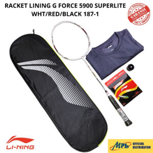 RAKET BADMINTON LI-NING G-FORCE 5900 SUPERLITE WHT/RED/BLK 187-1+AP-6/64 TURBO+GRIP+T-SHIRT+TAS 1 ZIP