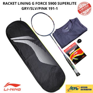 RAKET BADMINTON LI-NING G-FORCE 5900 SUPERLITE GRY/SLV/PINK 191-1+AP-6/AP-64 TURBO+GRIP+T-SHIRT+TAS 1 ZIP