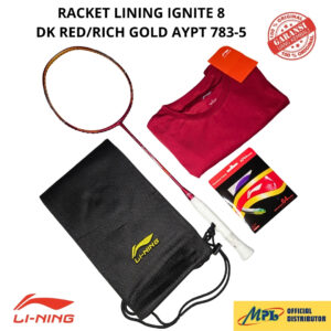 RAKET BADMINTON LI-NING IGNITE 8 DK.RED/RICH GOLD 783-5+AP-64+T-SHIRT+TAS KAIN