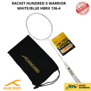 RAKET BADMINTON HUNDRED X-WARRIOR WHITE/BLUE 136-4+SENAR 600 S/66X PRO+TAS KAIN