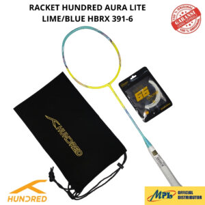 RAKET BADMINTON HUNDRED AURA LITE LIME/BLUE+SENAR 600-S/66 X-PRO+TAS KAIN 391-6